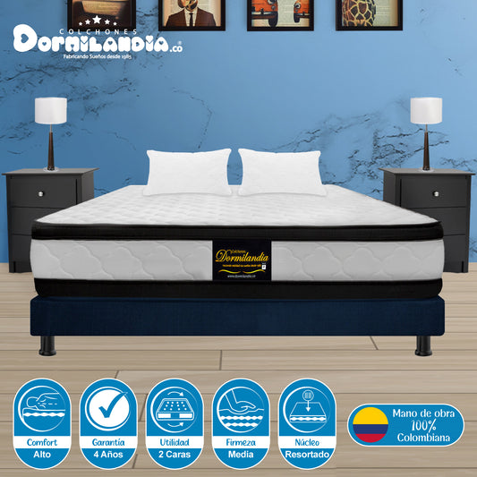 Combo Colchón King Atenas Resortado + Base Cama + Almohadas.