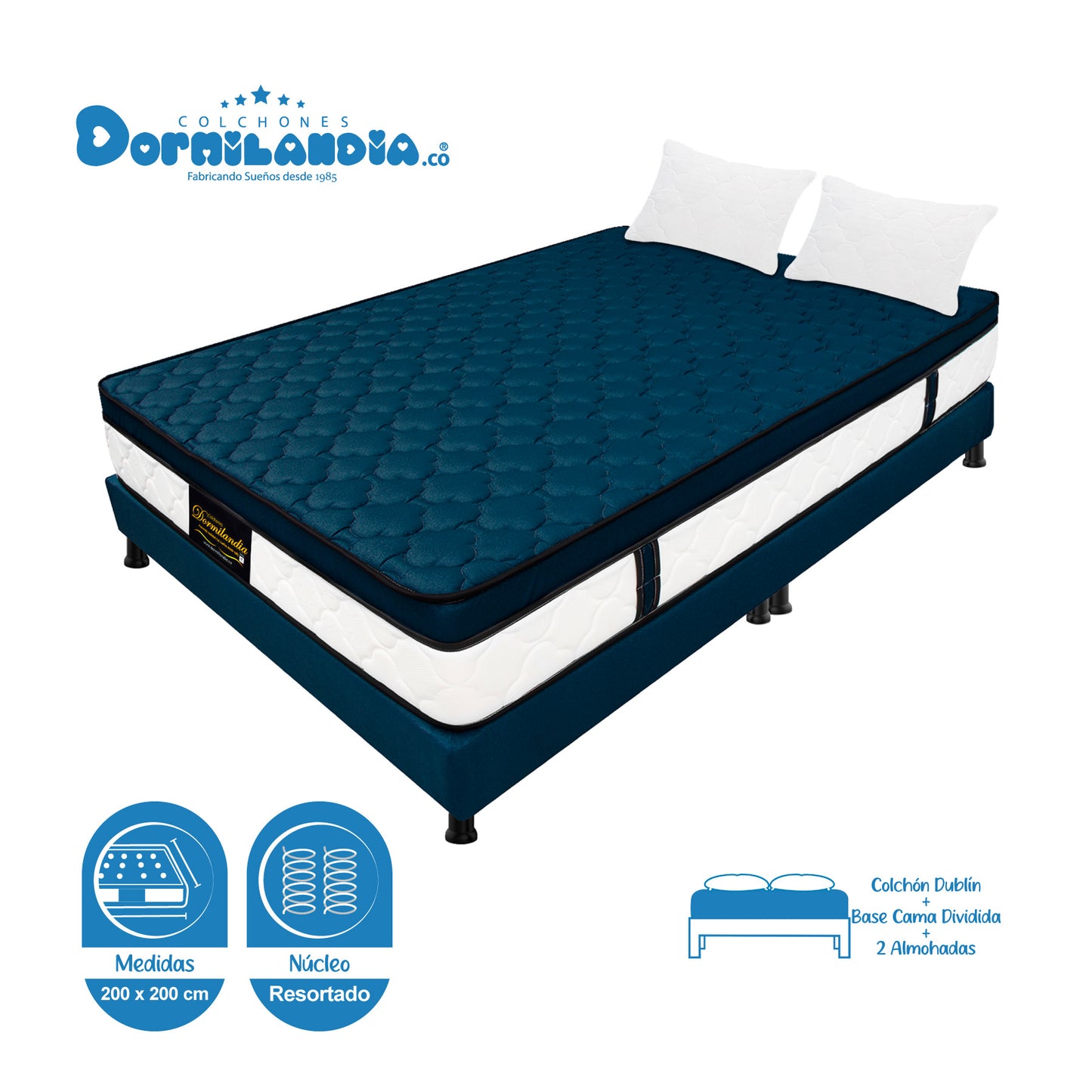 Combo Colchón Dublín King Resortado + Base Cama + Almohadas