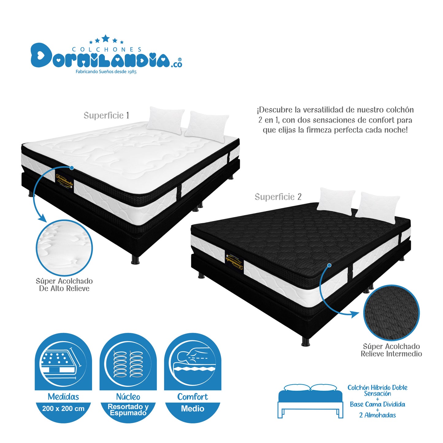 Combo Colchón Híbrido Resortado Doble Sensación + Base Cama +Almohadas