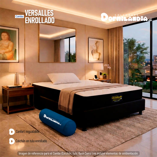 Combo Colchón Versalles Resortado Enrollado En Tula Confortable + Base Cama + Almohadas