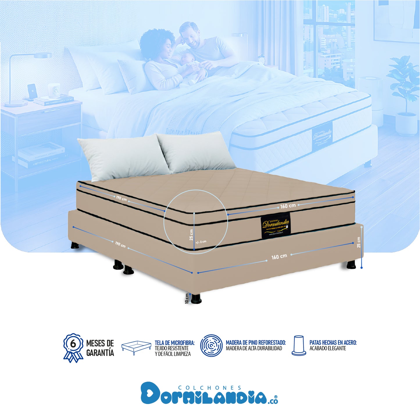 Combo Colchón Dublín Resortado Enrollado En Tula Confortable +Base Cama + Almohadas
