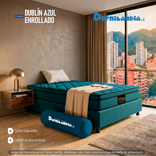Combo Colchón Dublín Resortado Enrollado En Tula Confortable +Base Cama + Almohadas