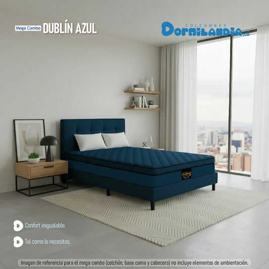Mega Combo Colchón Dublín King Resortado + Base Cama + Cabecero + Almohadas