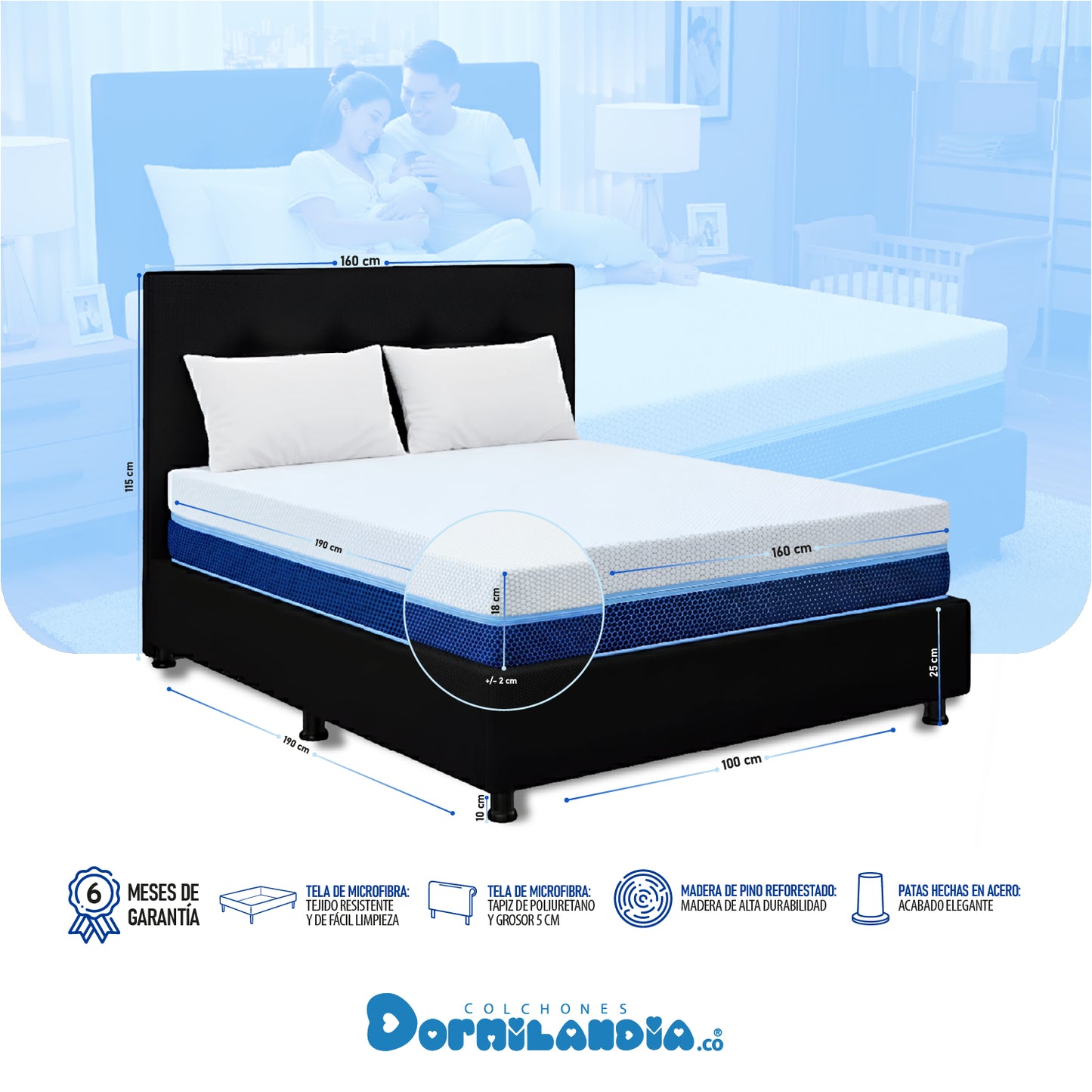 Mega Combo Colchón Multisleep Espumado Enrollado + Base Cama + cabecero + Almohadas