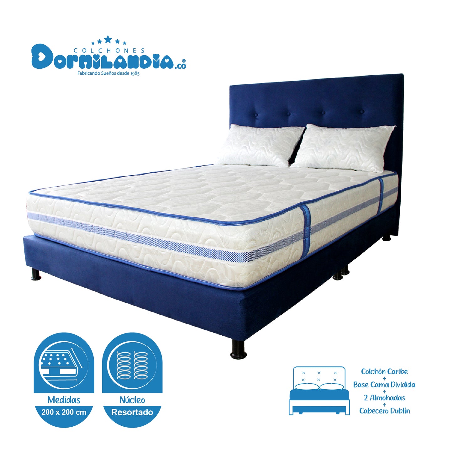 Mega Combo Colchón Caribe King Resortado + Base Cama + Cabecero + Almohadas