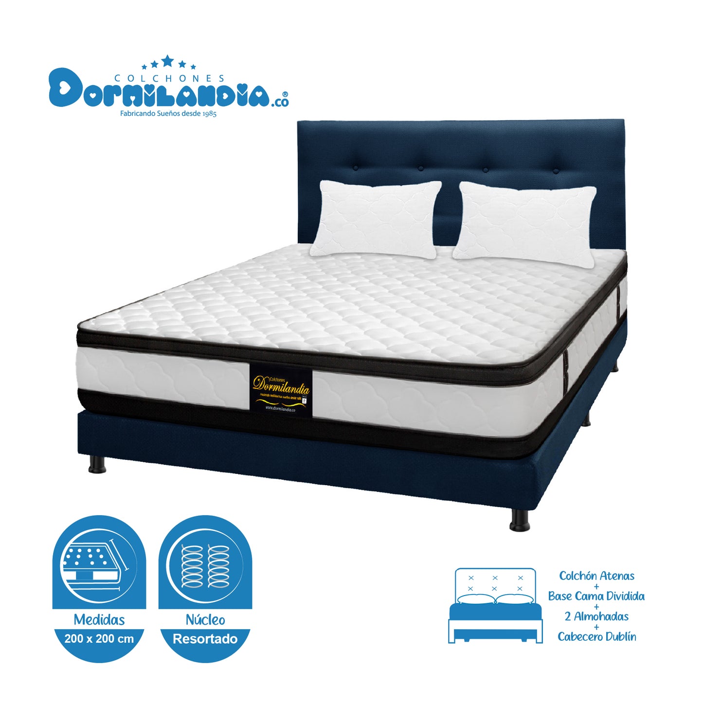 Mega Combo Colchón Atenas King Resortado + Base Cama + Cabecero + Almohadas