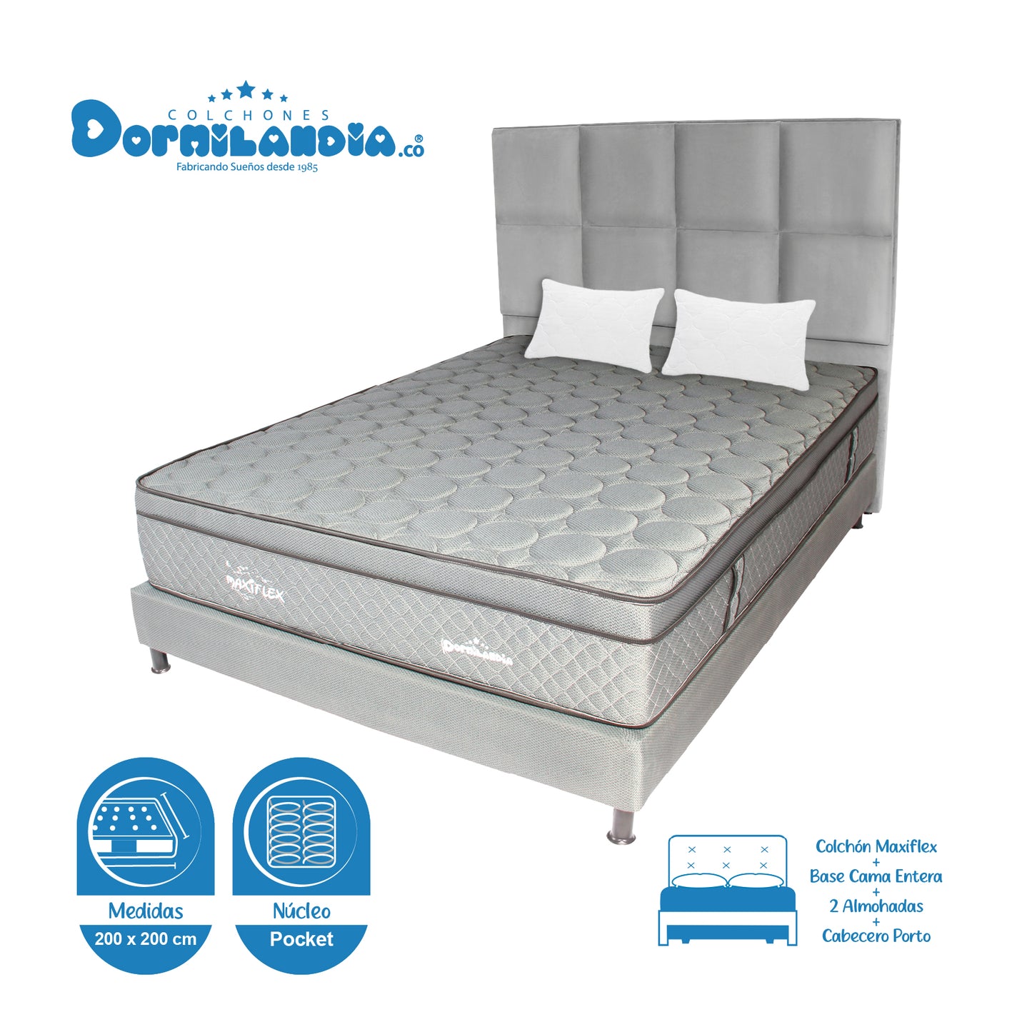Mega Combo Colchón Maxiflex Pocket King + Base Cama + Cabecero + Almohadas