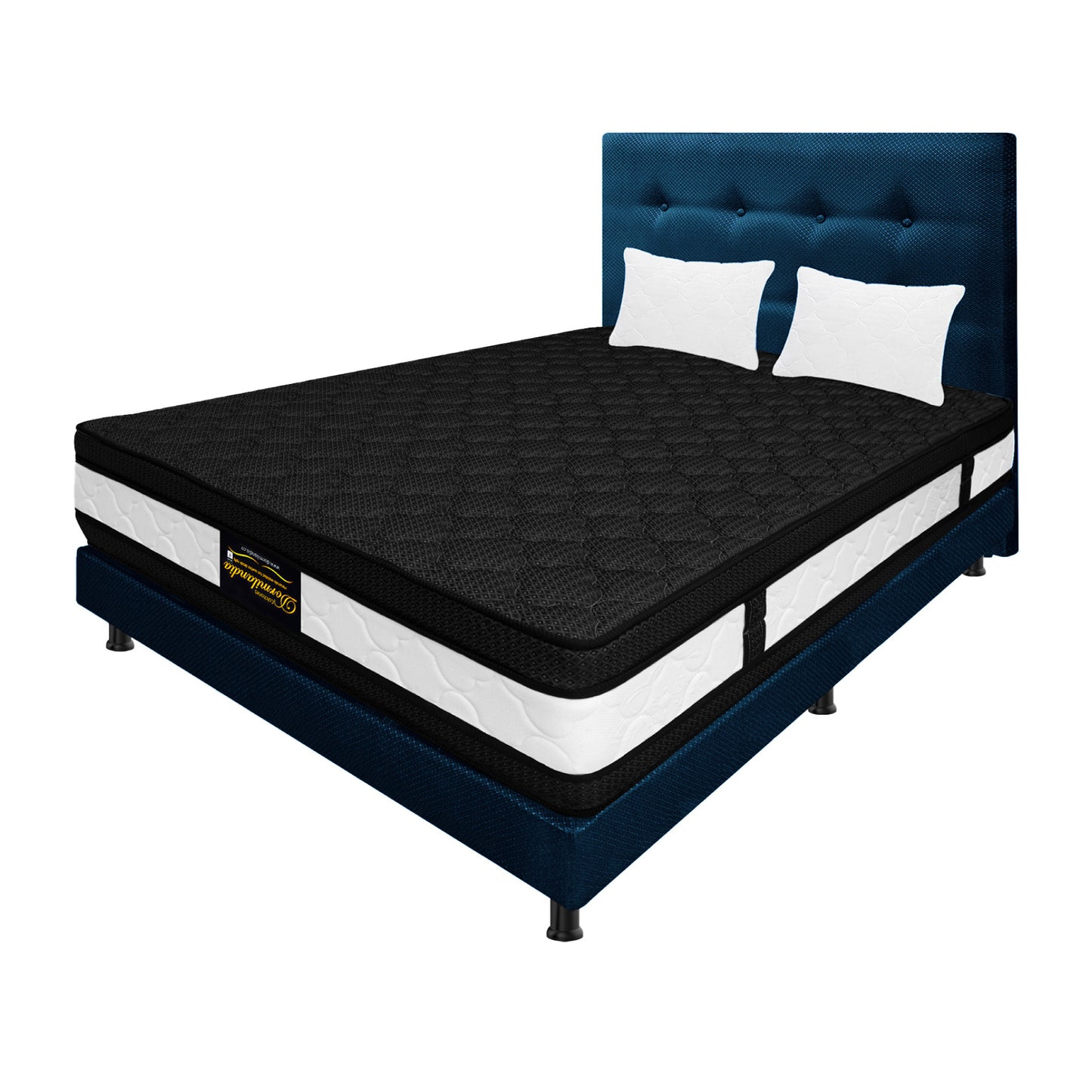 Mega Combo Colchón Híbrido Espumado Doble Sensación + Base Cama + Cabecero + Almohadas
