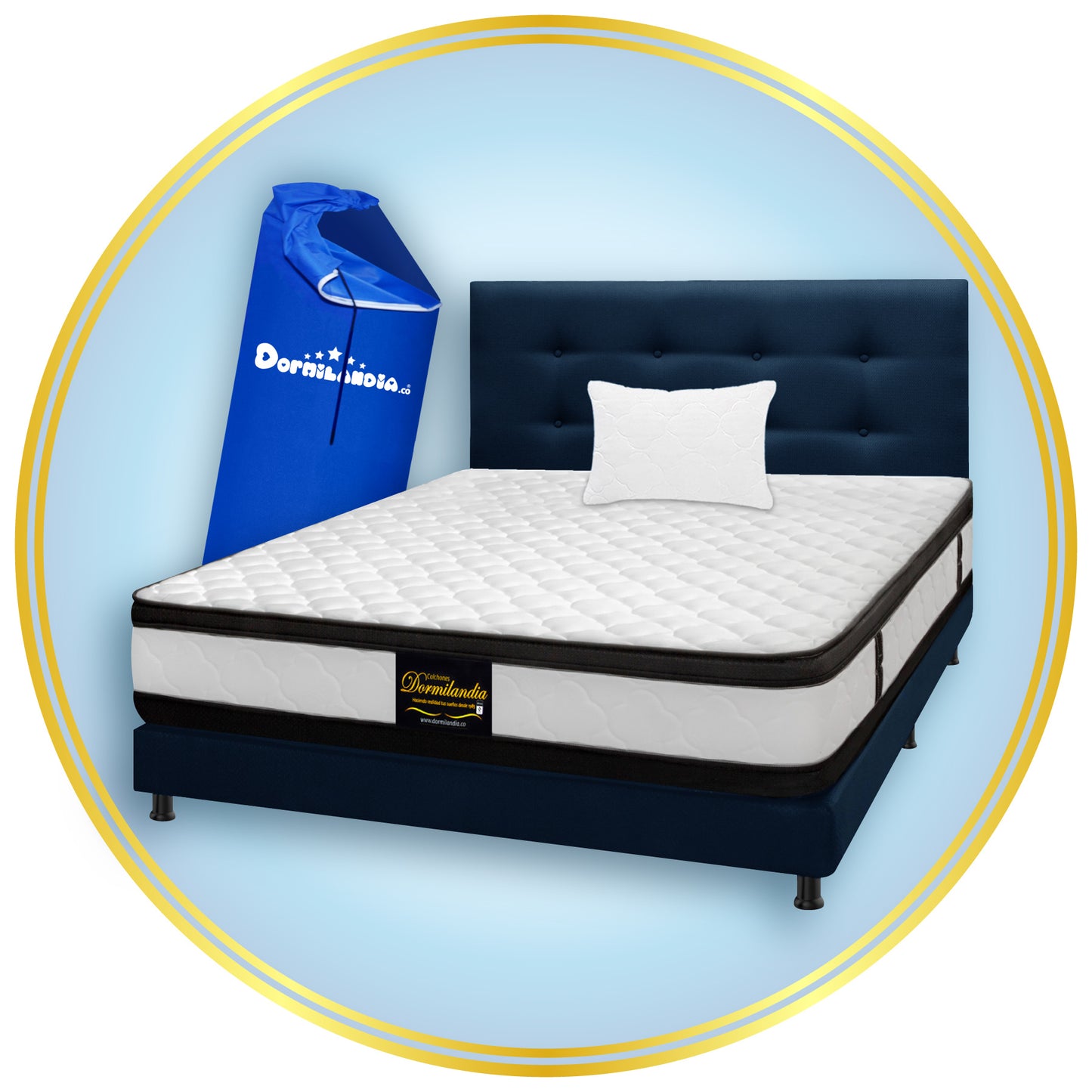 Mega Combo Colchón Resortado Atenas Enrollado En Tula Confortable + Base Cama + Cabecero + Almohadas