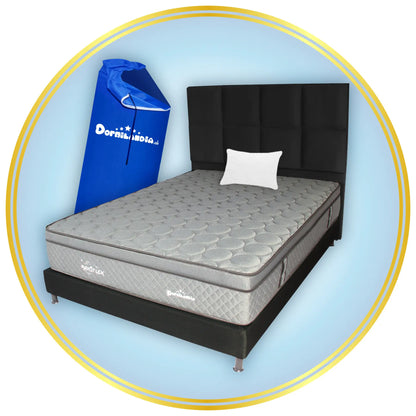 Mega Combo Colchón Pocket Maxiflex Enrollado En Tula Confortable + Base Cama + Cabecero + Almohadas