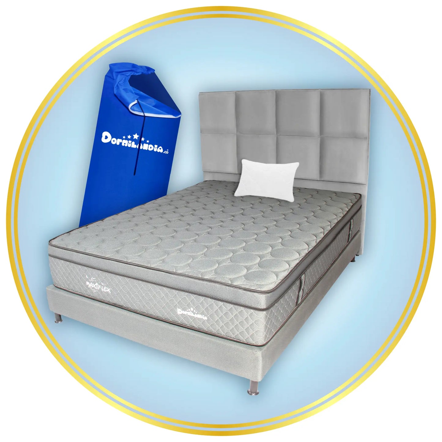 Mega Combo Colchón Pocket Maxiflex Enrollado En Tula Confortable + Base Cama + Cabecero + Almohadas