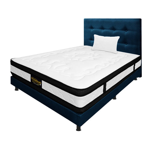 Mega Combo Colchón Híbrido Espumado Doble Sensacíon + Base Cama + Cabecero + Almohadas