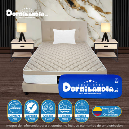 Mega combo Colchón Resortado Dublín Enrollado En Tula Confortable + Base Cama + Cabecero + Almohadas