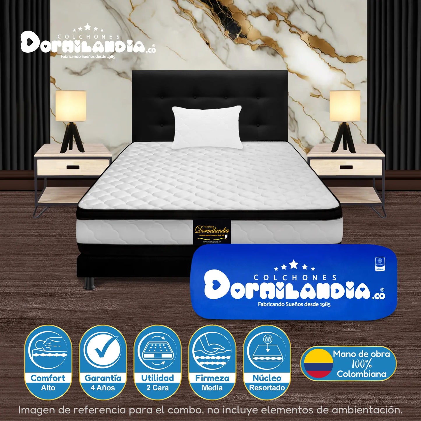 Mega Combo Colchón Resortado Atenas Enrollado En Tula Confortable + Base Cama + Cabecero + Almohadas