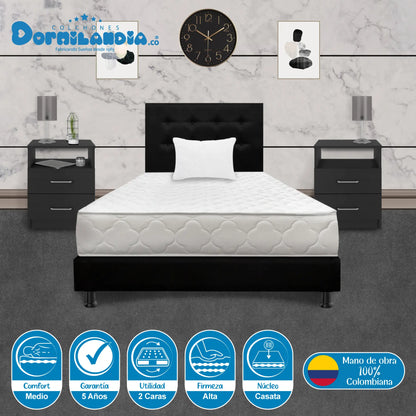 Mega Combo Colchón Espumado Macizo + Base Cama + Cabecero + Almohadas