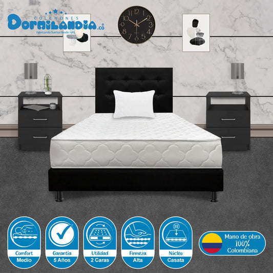 Mega Combo Colchón Espumado Macizo + Base Cama + Cabecero + Almohadas
