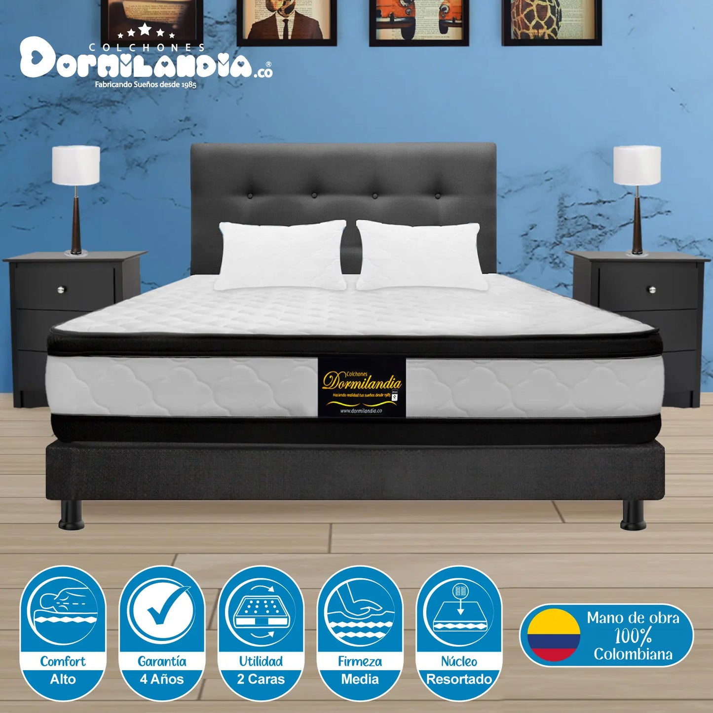 Mega Combo Colchón Resortado Atenas + Base Cama + Cabecero + Almohadas