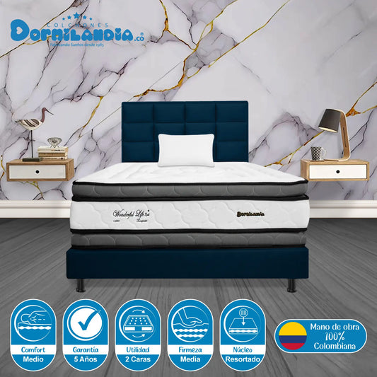 Mega Combo Colchón Resortado Wonderful DP + Base Cama + Cabecero + Almohadas