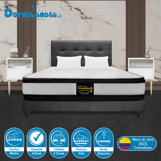 Mega Combo Colchón Espumado Malta + Base Cama + Cabecero + Almohadas