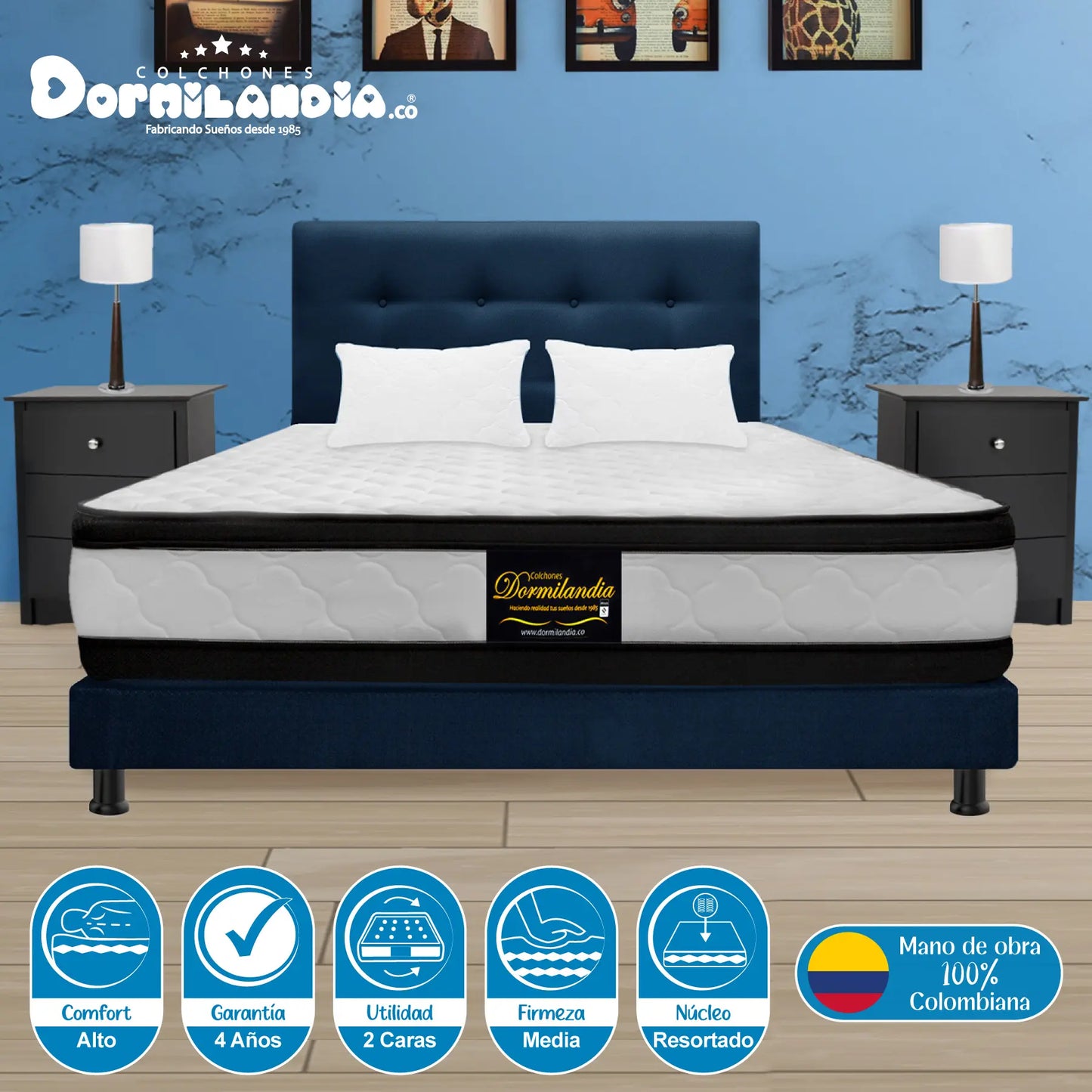 Mega Combo Colchón Resortado Atenas + Base Cama + Cabecero + Almohadas