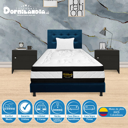 Mega Combo Colchón Híbrido Espumado Doble Sensacíon + Base Cama + Cabecero + Almohadas