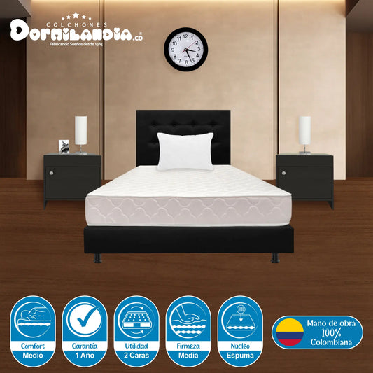 Mega Combo Colchón Espumado Multisleep + Base Cama + Cabecero + Almohadas