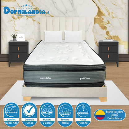 Mega Combo Colchón Resortado Excalibur + Base Cama + Cabecero + Almohadas
