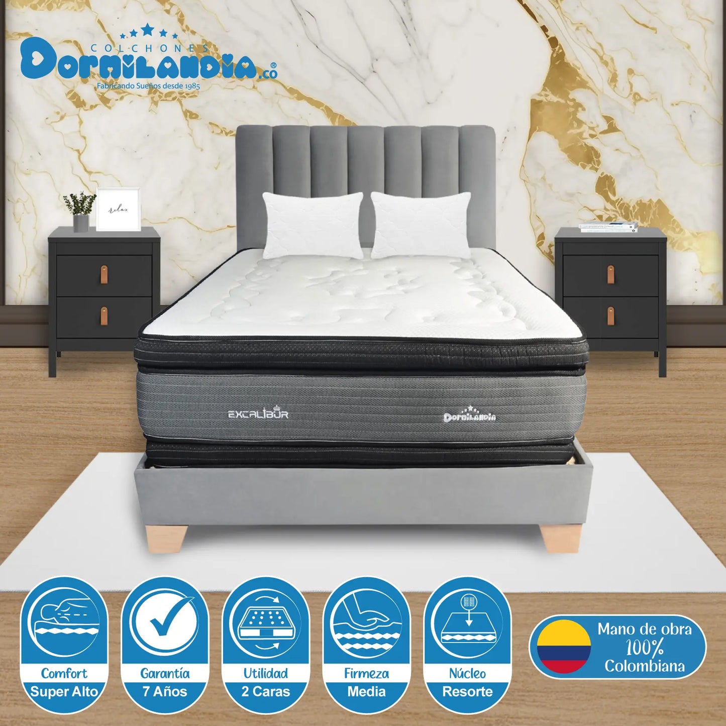 Mega Combo Colchón Resortado Excalibur + Base Cama + Cabecero + Almohadas