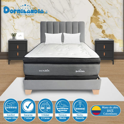 Mega Combo Colchón Resortado Excalibur + Base Cama + Cabecero + Almohadas