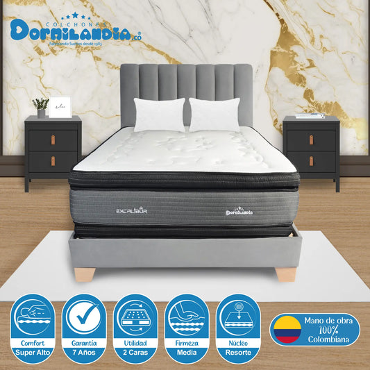 Mega Combo Colchón Resortado Excalibur + Base Cama + Cabecero + Almohadas