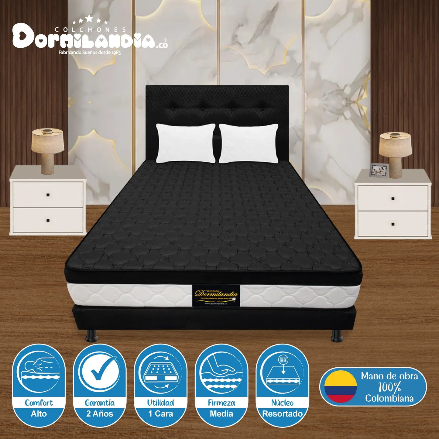 Mega Combo Colchón Resortado Dublín + Base Cama + Cabecero + Almohadas