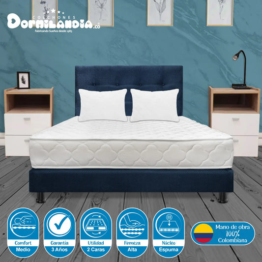 Mega Combo Colchón Espumado Ultraflex + Base Cama + Cabecero + Almohadas
