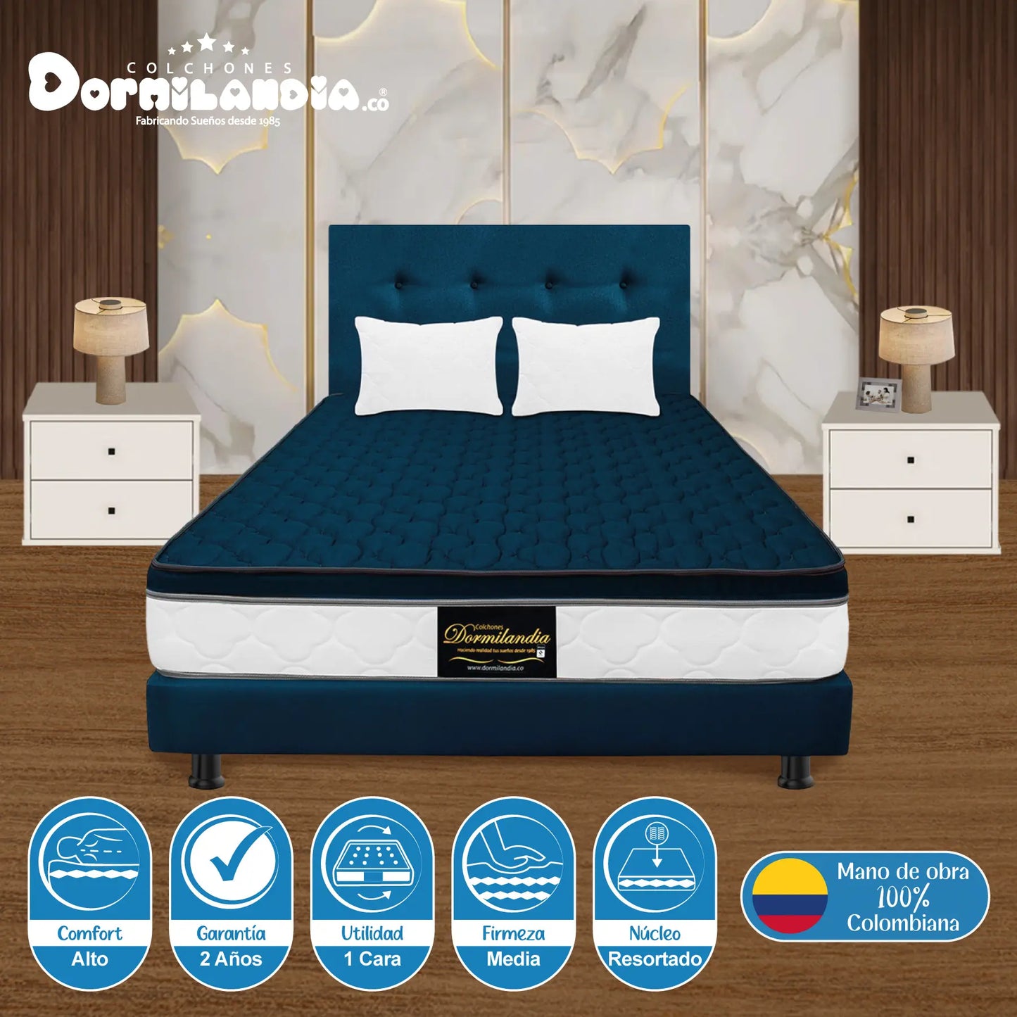 Mega Combo Colchón Resortado Dublín + Base Cama + Cabecero + Almohadas