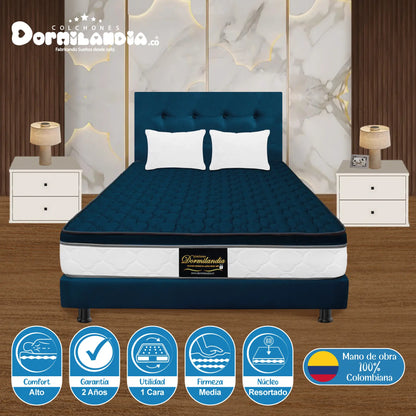 Mega Combo Colchón Resortado Dublín + Base Cama + Cabecero + Almohadas