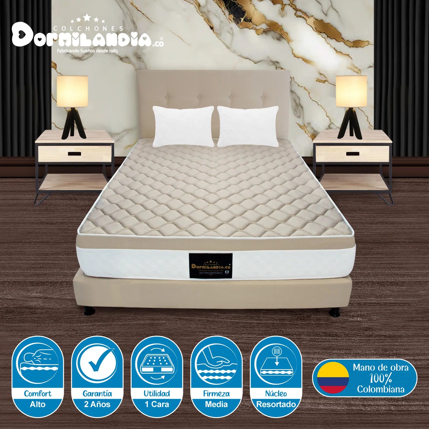 Mega Combo Colchón Resortado Dublín + Base Cama + Cabecero + Almohadas