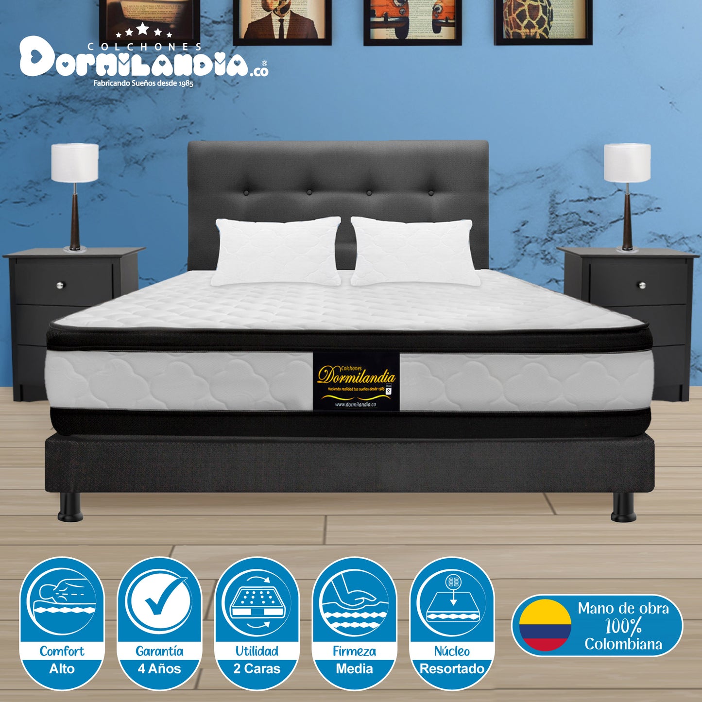Mega Combo Colchón Resortado Atenas + Base Cama + Cabecero + Almohadas