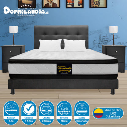 Mega Combo Colchón Resortado Atenas + Base Cama + Cabecero + Almohadas