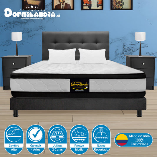 Mega Combo Colchón Resortado Atenas + Base Cama + Cabecero + Almohadas