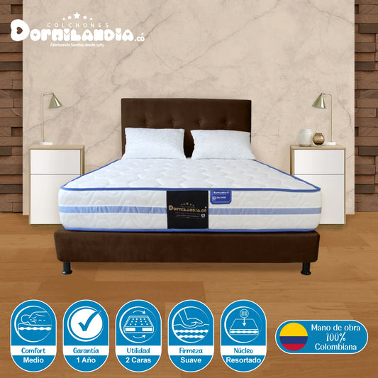 Mega Combo Colchón Resortado Caribe + Base Cama + Cabecero + Almohadas