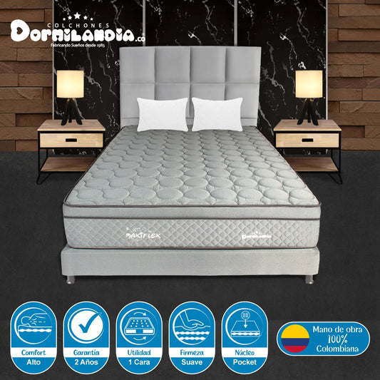 Mega Combo Colchón Pocket Maxiflex + Base Cama + Cabecero + Almohadas