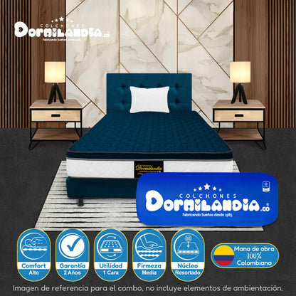 Mega combo Colchón Resortado Dublín Enrollado En Tula Confortable + Base Cama + Cabecero + Almohadas