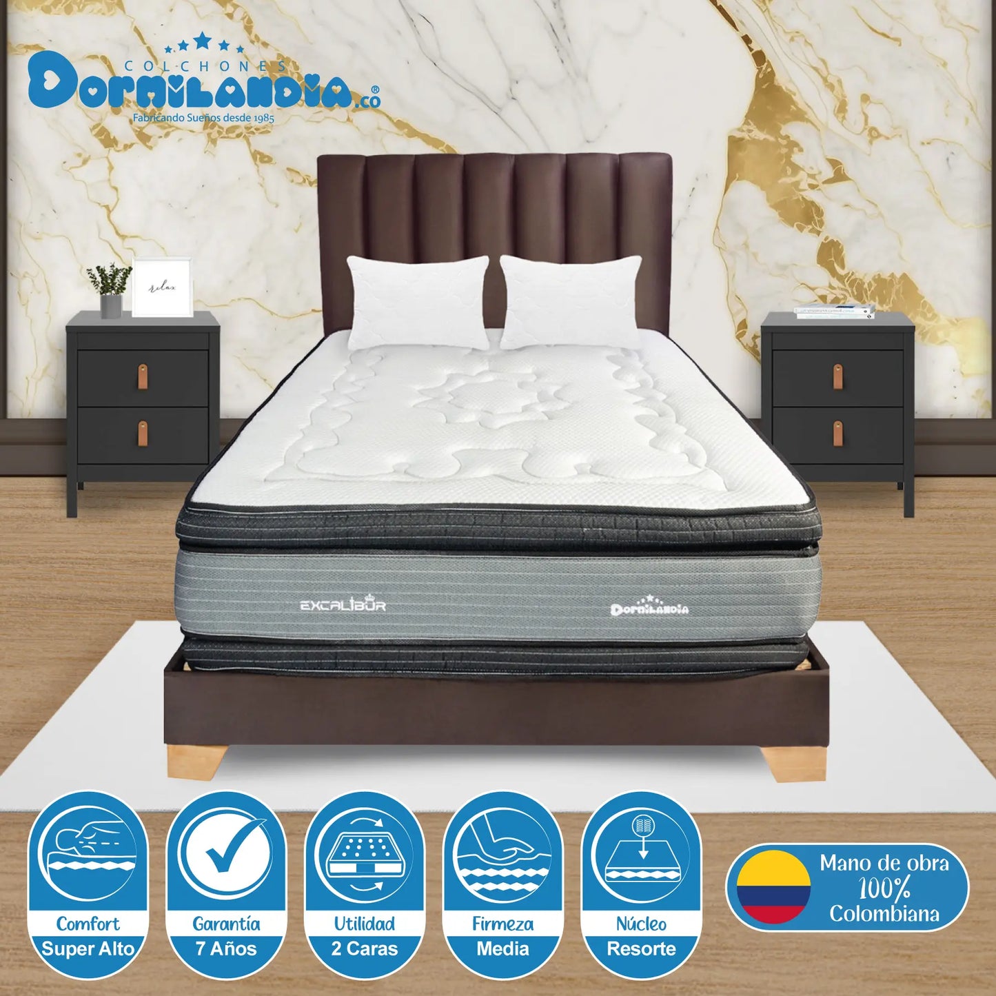 Mega Combo Colchón Resortado Excalibur + Base Cama + Cabecero + Almohadas