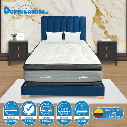 Mega Combo Colchón Resortado Excalibur + Base Cama + Cabecero + Almohadas