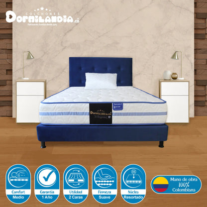 Mega Combo Colchón Resortado Caribe + Base Cama + Cabecero + Almohadas