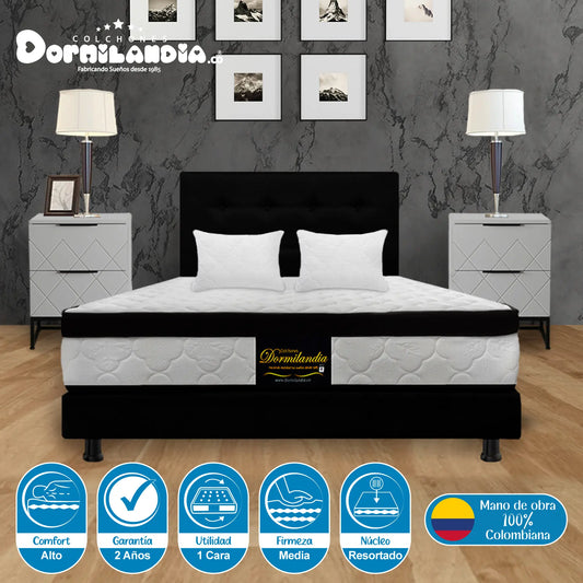 Mega Combo Colchón Resortado Versalles + Base Cama + Cabecero + Almohadas
