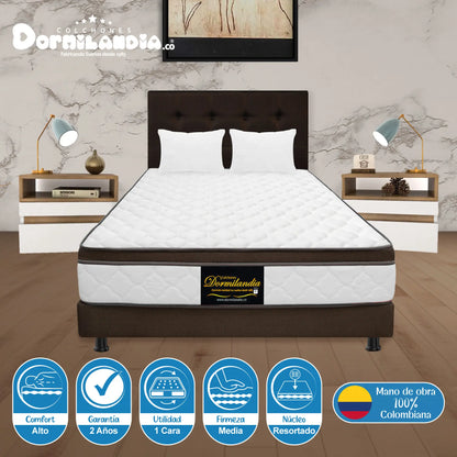 Mega Combo Colchón Resortado Dublín + Base Cama + Cabecero + Almohadas