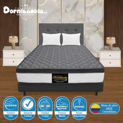 Mega Combo Colchón Resortado Dublín + Base Cama + Cabecero + Almohadas