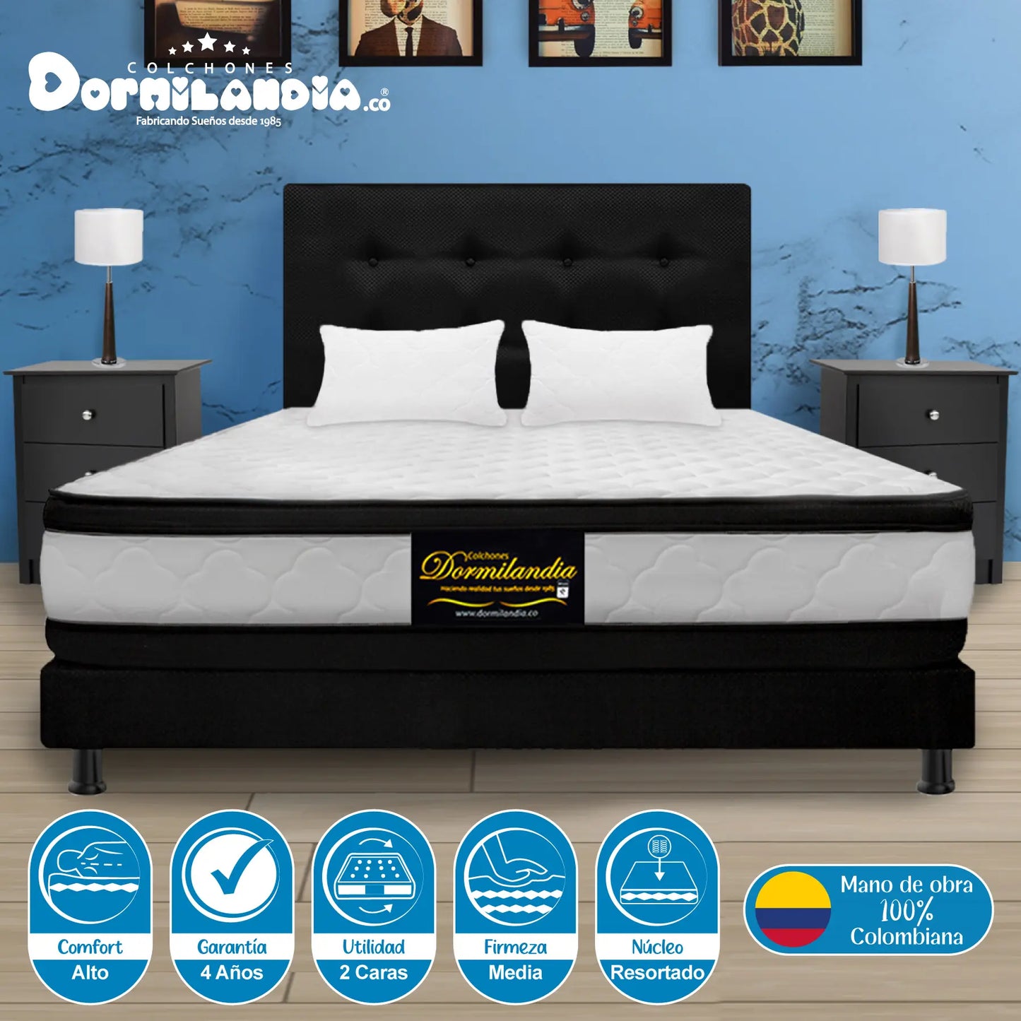 Mega Combo Colchón Resortado Atenas + Base Cama + Cabecero + Almohadas