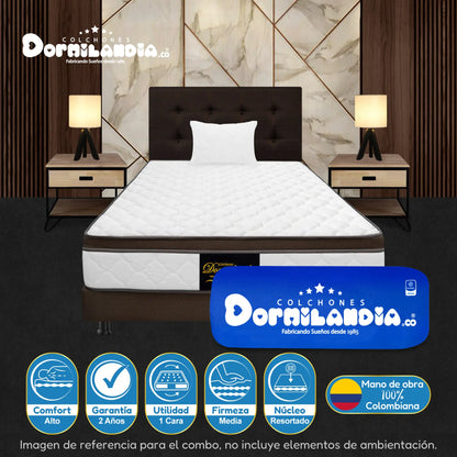 Mega combo Colchón Resortado Dublín Enrollado En Tula Confortable + Base Cama + Cabecero + Almohadas