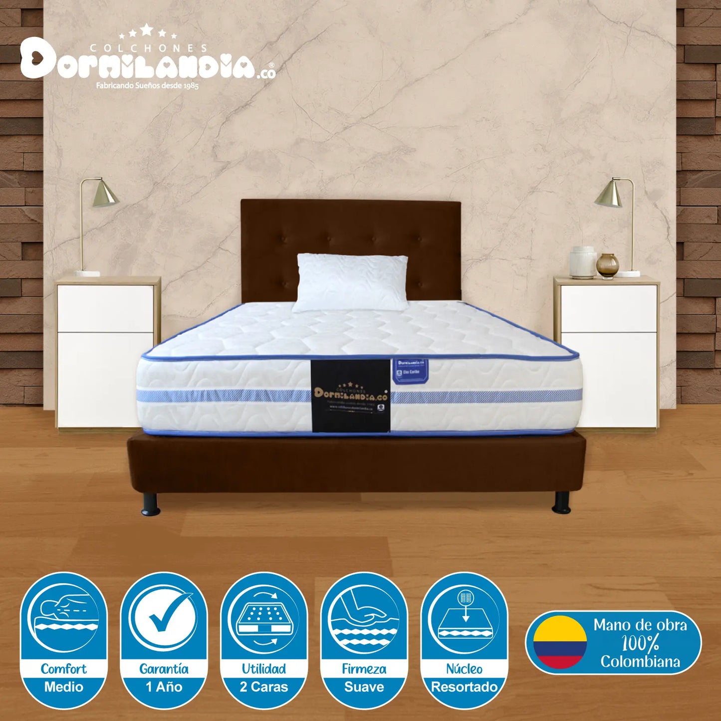 Mega Combo Colchón Resortado Caribe + Base Cama + Cabecero + Almohadas